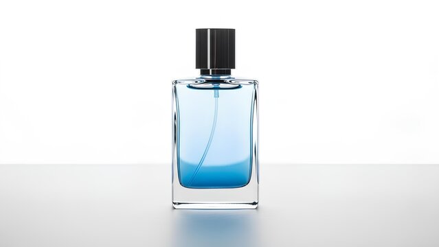 Blue perfume bottle with black cap on white background