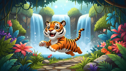 Happy tiger jumping near waterfall in jungle