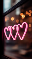 Pink neon hearts hanging in window, romantic Valentine&rsquo;s Day night concept
