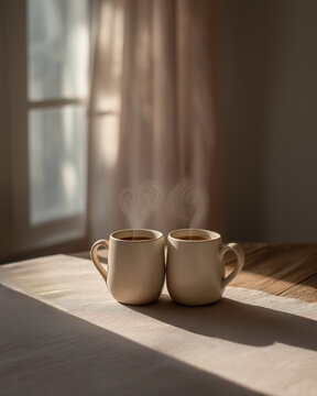 Two cups of coffee or tea  with heart-shaped steam on table, Valentine&rsquo;s Day concept