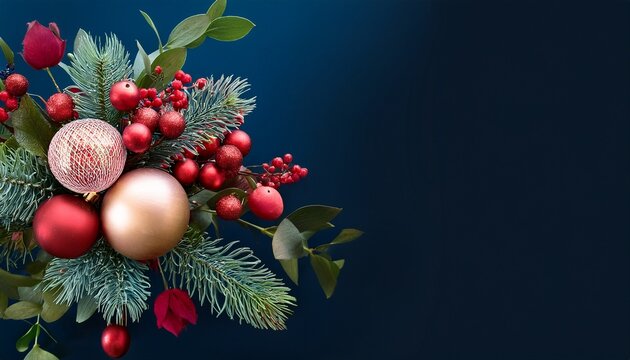 Banner With Biedermeier Bouquet Of Christmas Balls And Berries On Dark Blue Background