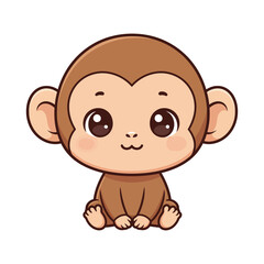 Obraz premium Kawaii Monkey Sitting Vector Illustration, Cute Round Head Monkey