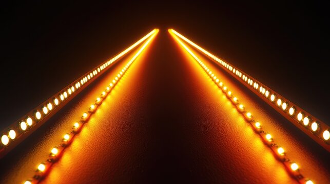 Illuminated amber led strips converging on a textured surface in darkness
