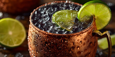 Moscow mule served in a copper mug, traditional presentation for cocktail preparation
