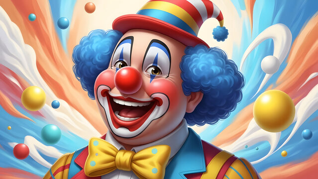 Cheerful clown with colorful background and balloons