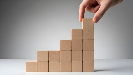 Hand building wooden block staircase for business growth and success