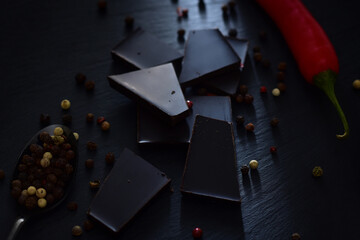 Chocolate chunks with peppercorns and red pepper closeup