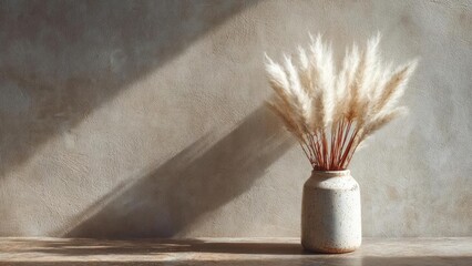 Speckled ceramic vase with fluffy pampas grass on a wooden table, lit by warm diagonal light. Concept Speckled ceramic vase, Pampas grass, Wooden table, Warm diagonal light, Still life