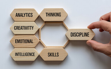 A series of wooden hexagonal blocks,Each block has a unique attribute written on it, including 'Analytics', 'Thinking', 'Creativity', 'Emotional', 'Intelligence',and hand holding 'Discipline' block.