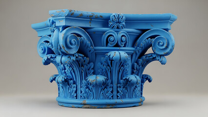 Distressed blue painted Corinthian column capital with ornate acanthus leaf carvings and scrolls, classical architectural element as a decorative object.