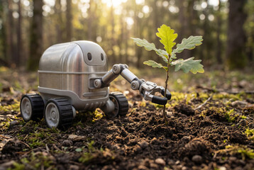 Small silver robot on wheels with a robotic arm tending to a young tree sprout in a forest. Concept of reforestation, environmental robotics, and autonomous nature conservation technology.