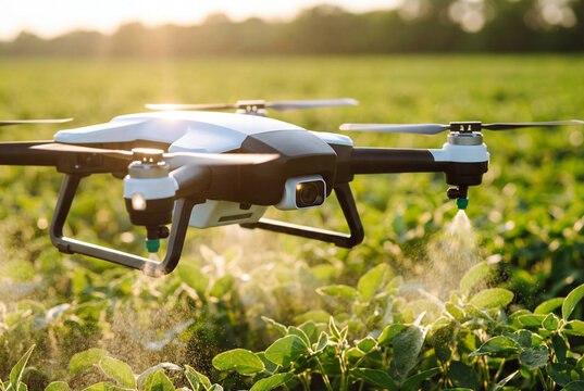 White agricultural drone spraying pesticide or fertilizer over a green field at sunset. Concept of smart farming, agritech innovation, and autonomous aerial crop management in golden hour.