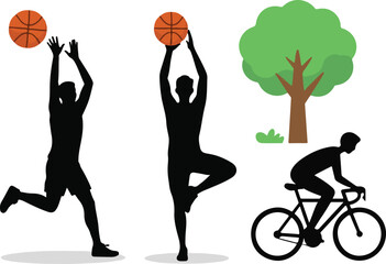 Silhouettes of people engaged in various outdoor activities including playing basketball cycling and a tree with bushes in a park setting isolated on transparent background