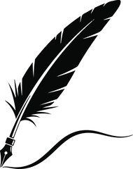 Stylized black silhouette of a quill pen with an ink splotch forming a wavy line on a white background