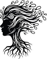 Elegant stylized black silhouette of a womans profile with flowing hair transformed into tree roots and abstract floral elements symbolizing nature and femininity in a flowing artistic design