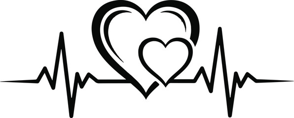 Stylized electrocardiogram line with two hearts symbolizing love life health and wellbeing isolated on transparent background