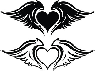 Stylized black and white tribal wing hearts with intricate detailing symbolizing love and freedom in graphic design elements