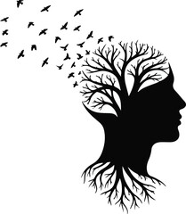 Symbolic black silhouette of a human head profile with tree branches growing from it and birds flying away from the head isolated on transparent background