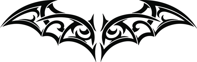 Tribal bat wing tattoo design graphic with abstract swirls and sharp edges isolated on transparent background