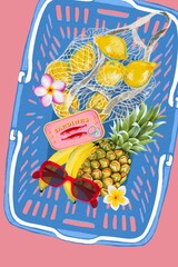 fresh vegetables on the market summer, lemon placed in a blue shopping basket Hand drawn illustration on pop pink background wall art event