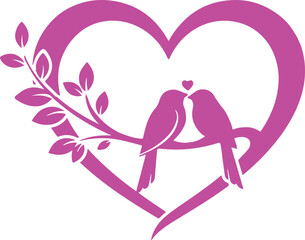 Two stylized purple birds perched on a branch with leaves kissing with a small heart above them all enclosed within a large heart shape graphic