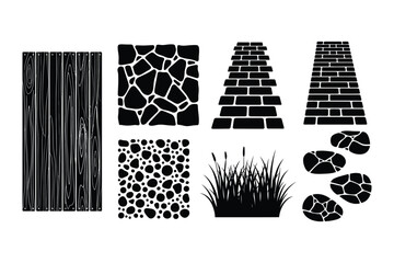Black icons: wood fence, stone wall, brick path, cobblestone, grass