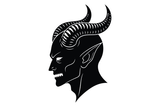 Black silhouette of a demon head with horns, profile view