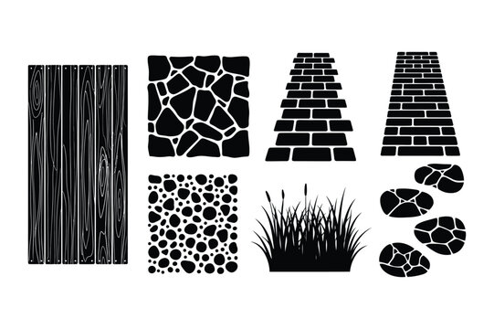 Black icons: wood fence, stone wall, brick path, cobblestone, grass