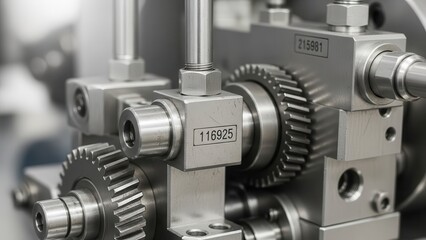 Extreme closeup of mechanical gears and precision machined components with numeric markings on industrial machinery representing complex engineering and high quality metallic part manufacturing