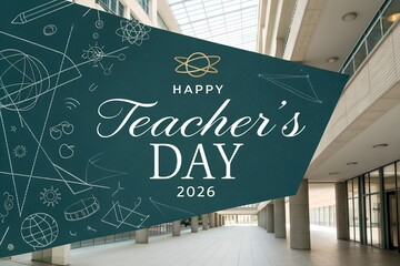 Happy Teacher's Day 2026 Celebration Banner in Modern School Hallway