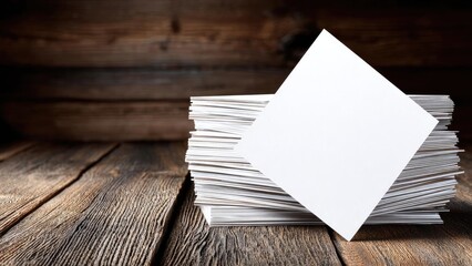 A stack of blank white cards on a rustic wooden table, with one square card leaning diagonally on top. Concept Minimalist stationery, Blank cards on rustic wood, Diagonal square card