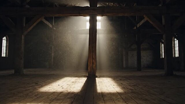 Abandoned Barn Interior with Sunbeams Streaming Through Windows