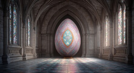 Giant decorated Easter egg in Gothic cathedral hall. Ornamental pastel egg centered under stone arches, stained glass windows, dramatic interior light, fantasy religious architecture, Easter theme.