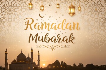 Ramadan Mubarak Greeting with Mosque Silhouette at Sunset