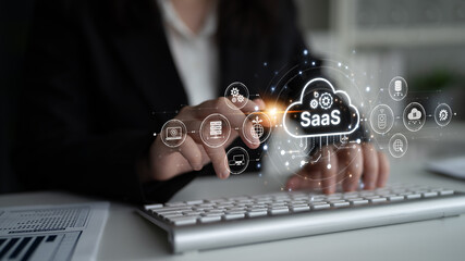Visual representation of SaaS showing infrastructure, SaaS deployment, SaaS platform features, and SaaS integration model in digital environment. Spline