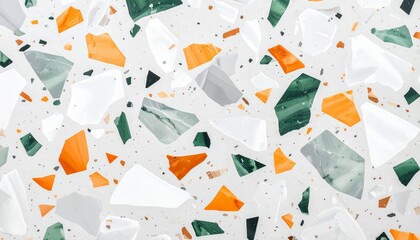 Abstract terrazzo surface with colorful flecks on a white background