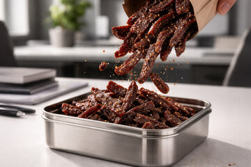 Seasoned Beef Jerky Strips Falling Into Stainless Steel Tray On Modern Office Desk Snack Scene