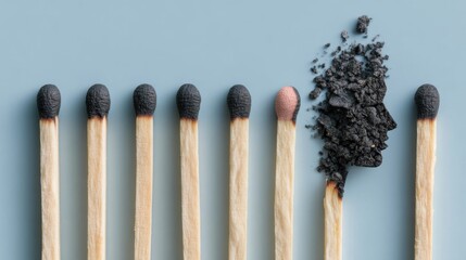 Burnout and stress concept with burnt matchsticks forming human face in ashes