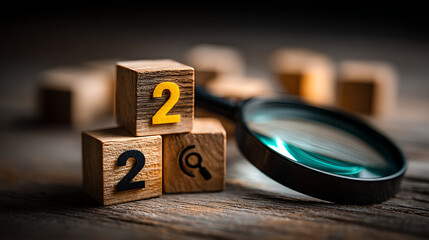 Stacked wooden cubes displaying the number 2 and a magnifying glass resting on a weathered wooden surface with a blurred background of more cubes, suggesting analysis and data. Keywords: wood