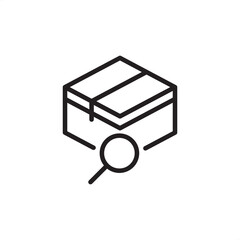 Industrial maritime icon featuring a sealed shipping container or cargo crate being analyzed by a magnifying glass, symbolizing cargo hull inspection, freight quality control, and security screening.
