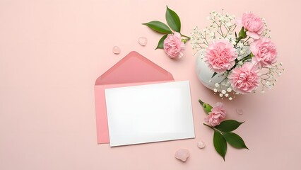 Happy mother's day greeting card with beautiful pink flowers and leaves