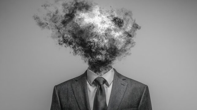 Businessman in suit with head exploding into smoke symbolizing burnout and mental collapse