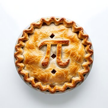 Golden baked pie with a decorative pi symbol crust on top isolated on white