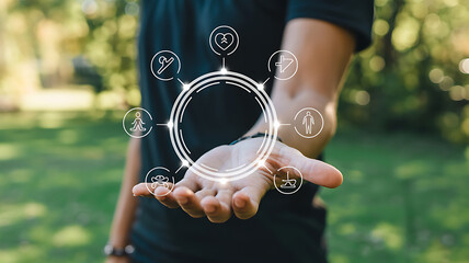 Close up of a person's open hand presenting a circular diagram with for health fitness and life balance against a soft green blurred natural background