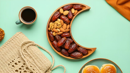 Crescent shaped plate of dates and nuts with coffee and pastries on a mint green background