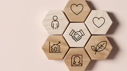 Hexagonal Wooden Tiles with for People, Heart, Handshake, Growth Chart, and Leaf Arranged in a Flower Pattern on a Pale Pink Background