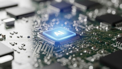 AI Circuit Board Technology Concept Glowing Blue Light