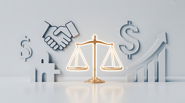 Golden Scales of Justice Centered Amidst Business and Legal Including a Handshake Dollar Signs and a Growth Chart on a White Reflective Surface