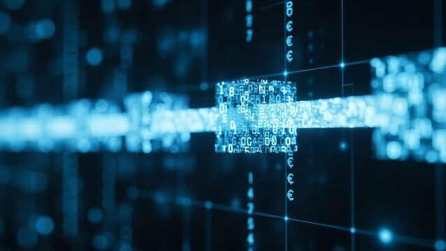 Abstract digital data stream with glowing numbers and symbols in futuristic blue light - Powered by Adobe