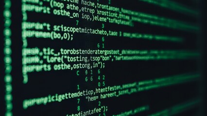 Coding Screen Display with Green Matrix Style Digital Data